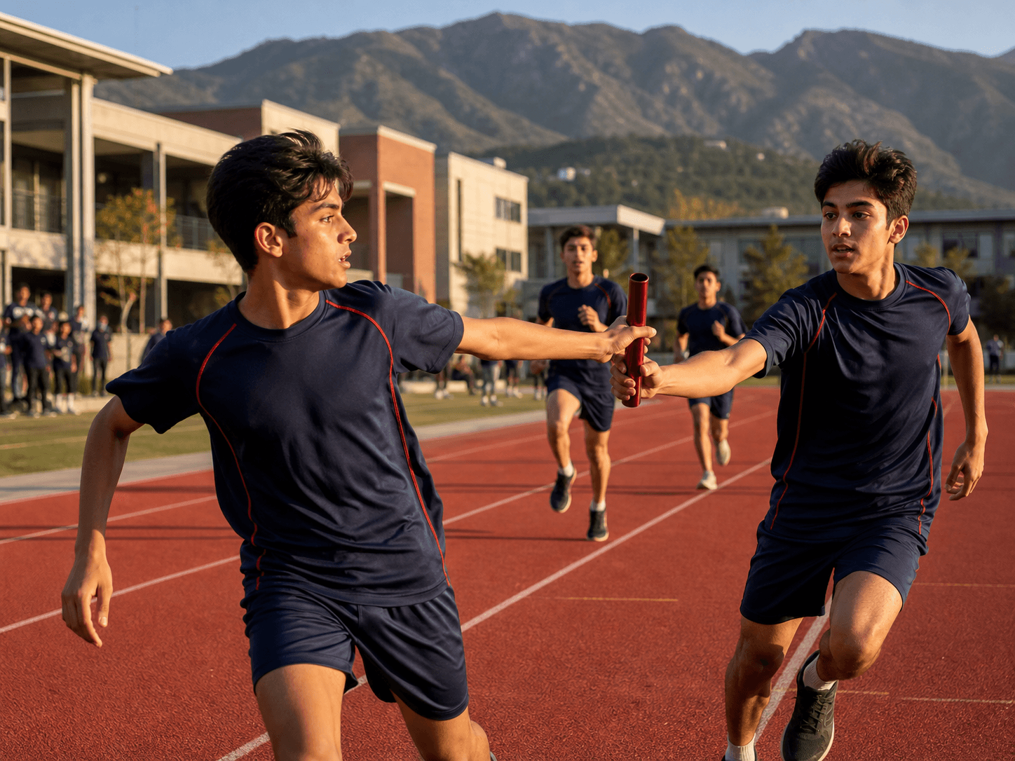 Students exchanging a relay baton during athletics