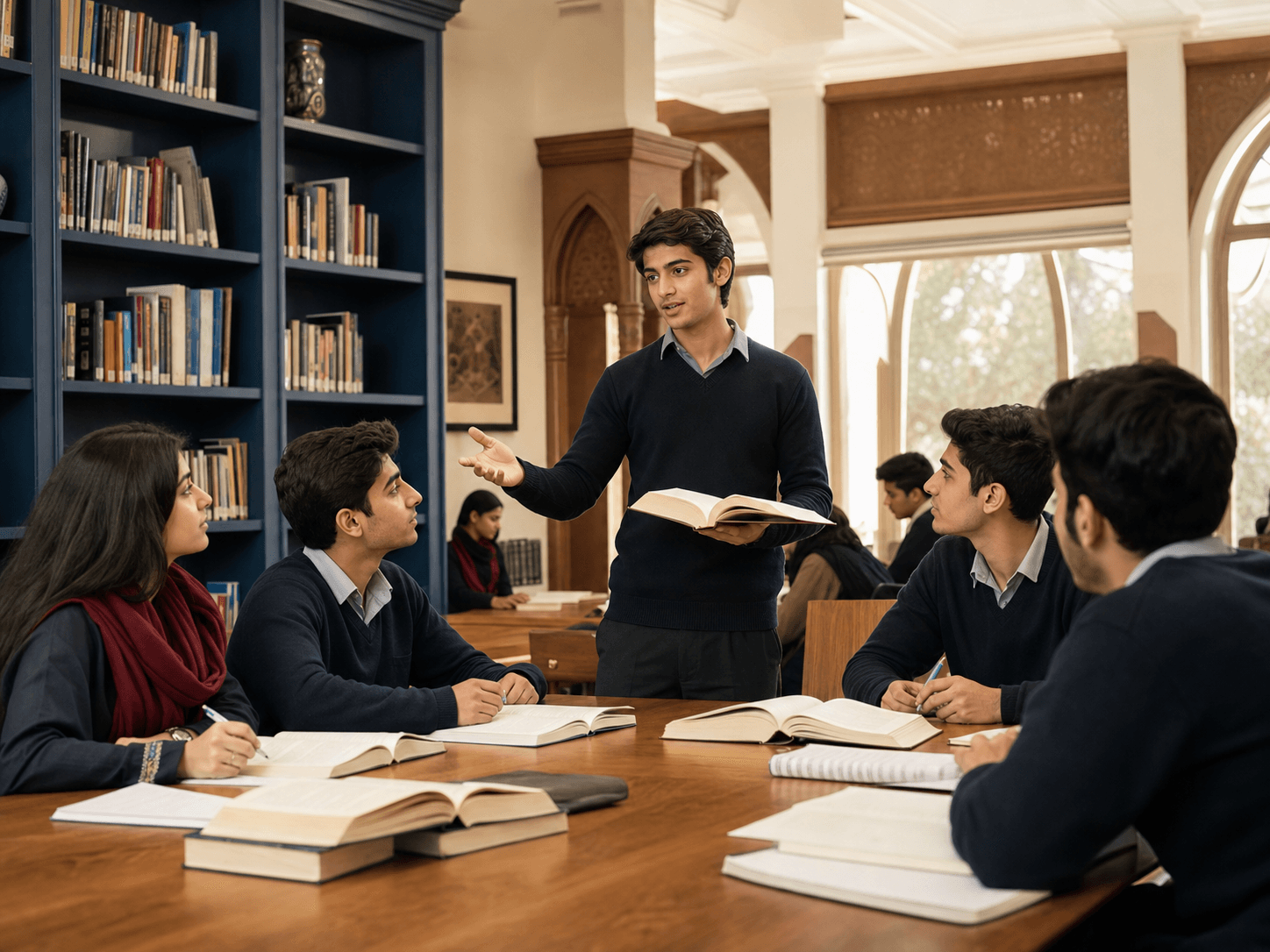 Students discussing a book together in the library