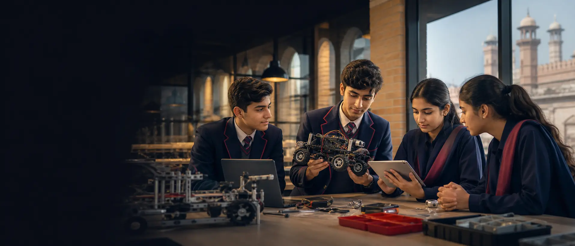 Laurence students collaborating in the robotics studio